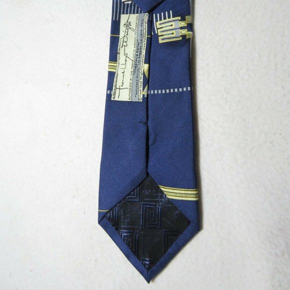 FRANK LLOYD Tie Fireplace Relief Hollyhock House 100% Silk Blue Abstract - Picture 8 of 9